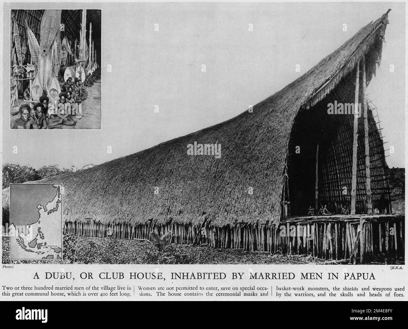 Demi-ton d'un dubu, ou club House, pour hommes mariés en Papouasie-Nouvelle-Guinée, tiré d'une publication éducative, 1927 Banque D'Images
