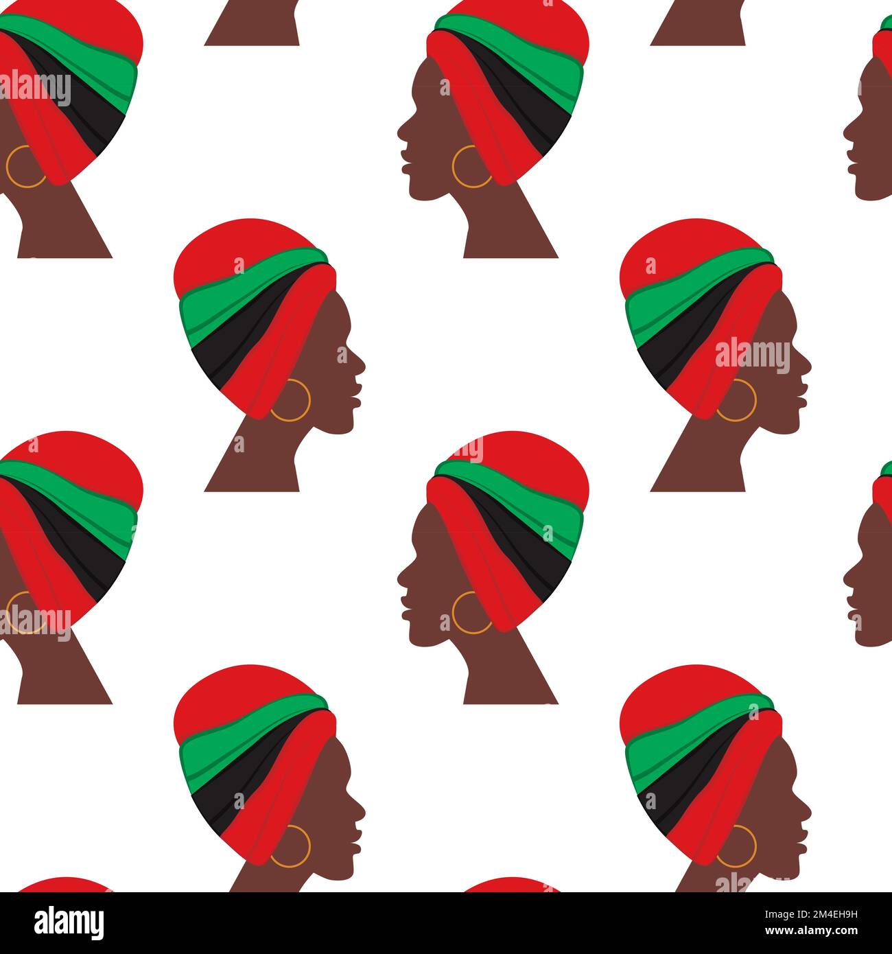 Le modèle sans couture du profil de la femme africaine avec le turban dans les teintes nationales tourné de manière différente. Texture répétitive abstraite. Isoler. Idéal pour les affiches, les bannières, les brochures, les cartes ou les lettres. EPS Illustration de Vecteur