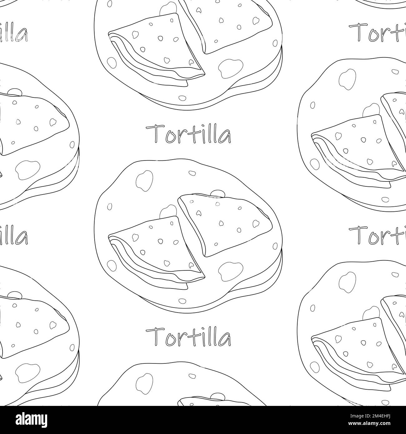 Motif sans couture de la pile de tortilla mexicaine au maïs avec lettrage. Cuisine latino-américaine traditionnelle. Isoler. Art. Ligne Bon pour poster, bannière, menu, brochure ou étiquette, prix ou web, fond d'écran. EPS Illustration de Vecteur