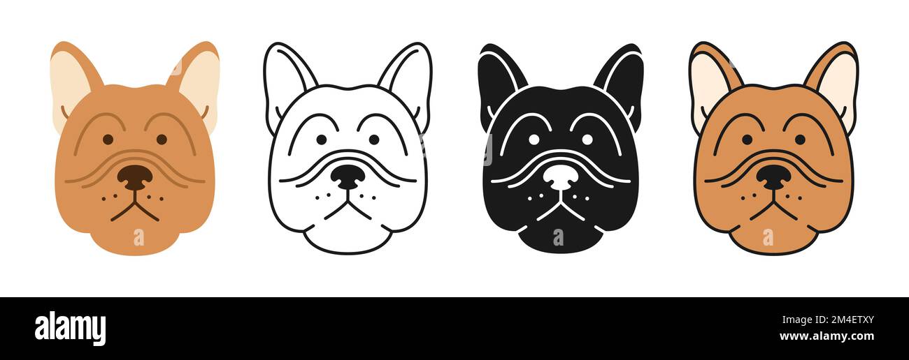 Jeu de caractères de dessin animé pour chiens de bouledogue français. Mignon puppy puppy pupille kawaii tête symbole museau, queue de cocotte, icône ou silhouette. Sourire drôle chien chien bébé, bande dessinée imprimé plat autocollant modèle vecteur Illustration de Vecteur