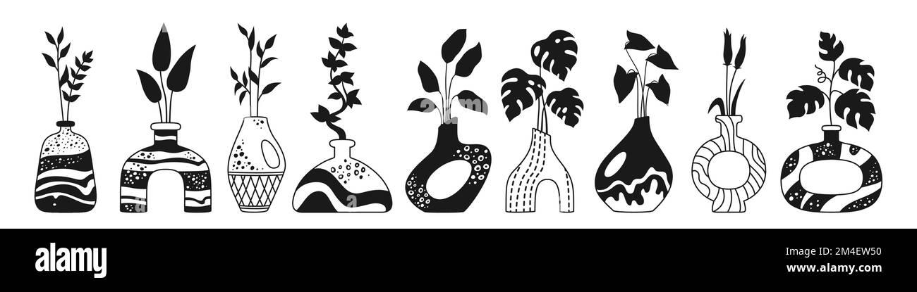 Feuilles tropicales et herbes dans vase ou pot en céramique, carafe ou bocal bouteilles ensemble de doodle. Décoration chaleureuse faite main boho gravure poterie forme. Résumé divers vases stencil, vaisseau dessiné à la main. Vecteur tendance Illustration de Vecteur