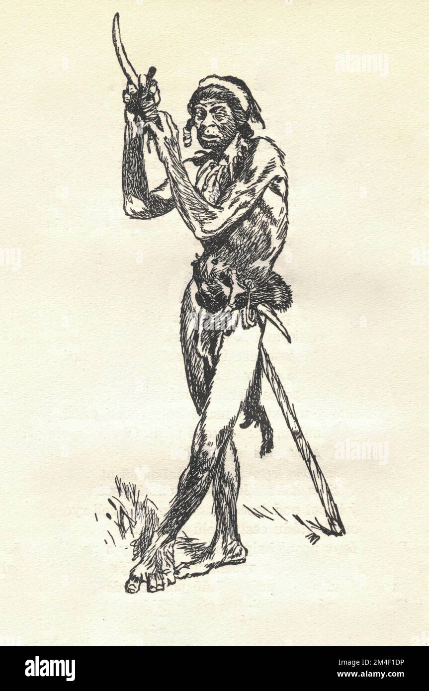 Un chasseur préhistorique qui s'appuie sur sa lance. Ancienne illustration en noir et blanc. Dessin vintage. Illustration par Zdenek Burian. Zdenek Michael Frantisek Burian (11 février 1905 à Koprivnice, Moravie, Autriche-Hongrie 1 juillet 1981 à Prague, Tchécoslovaquie) est un peintre, illustrateur de livres et paléoartiste tchèque dont les travaux ont joué un rôle central dans le développement de la reconstruction paléontologique. À l'origine reconnue uniquement en Tchécoslovaquie natale, la renommée de Burian s'est par la suite étendue à un public international au cours d'une carrière remarquable s'étendant sur six décennies (1930s à 1980s). Il est considéré par beaucoup Banque D'Images