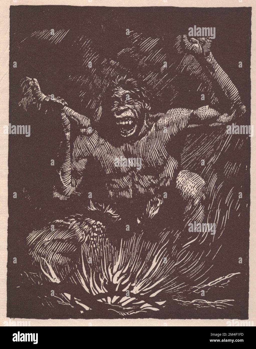 Homme préhistorique par le feu. Ancienne illustration en noir et blanc. Dessin vintage. Illustration par Zdenek Burian. Zdenek Michael Frantisek Burian (11 février 1905 à Koprivnice, Moravie, Autriche-Hongrie 1 juillet 1981 à Prague, Tchécoslovaquie) est un peintre, illustrateur de livres et paléoartiste tchèque dont les travaux ont joué un rôle central dans le développement de la reconstruction paléontologique. À l'origine reconnue uniquement en Tchécoslovaquie natale, la renommée de Burian s'est par la suite étendue à un public international au cours d'une carrière remarquable s'étendant sur six décennies (1930s à 1980s). Il est considéré par beaucoup comme l'un des M. Banque D'Images