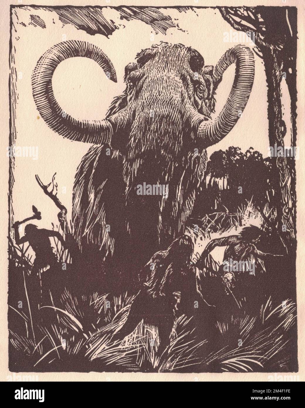 Les chasseurs préhistoriques chassent le grand mammouth. Représentation d'un animal préhistorique. Ancienne illustration en noir et blanc. Dessin vintage. Illustration par Zdenek Burian. Zdenek Michael Frantisek Burian (11 février 1905 à Koprivnice, Moravie, Autriche-Hongrie 1 juillet 1981 à Prague, Tchécoslovaquie) est un peintre, illustrateur de livres et paléoartiste tchèque dont les travaux ont joué un rôle central dans le développement de la reconstruction paléontologique. À l'origine reconnue uniquement en Tchécoslovaquie natale, la renommée de Burian s'est par la suite étendue à un public international au cours d'une carrière remarquable s'étendant sur six décennies (1930s Banque D'Images