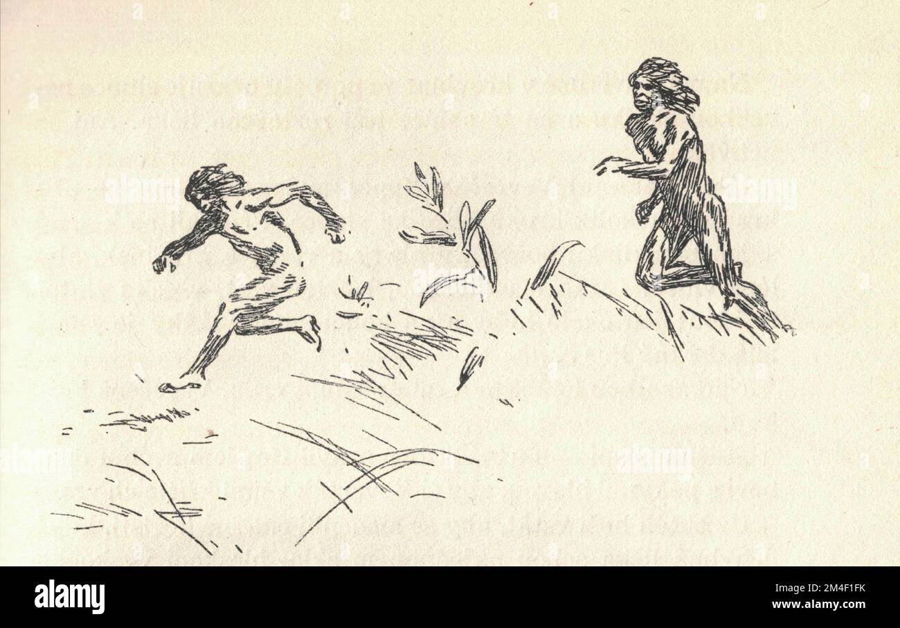 Deux garçons primitifs. Ancienne illustration en noir et blanc. Dessin vintage. Illustration par Zdenek Burian. Zdenek Michael Frantisek Burian (11 février 1905 à Koprivnice, Moravie, Autriche-Hongrie 1 juillet 1981 à Prague, Tchécoslovaquie) est un peintre, illustrateur de livres et paléoartiste tchèque dont les travaux ont joué un rôle central dans le développement de la reconstruction paléontologique. À l'origine reconnue uniquement en Tchécoslovaquie natale, la renommée de Burian s'est par la suite étendue à un public international au cours d'une carrière remarquable s'étendant sur six décennies (1930s à 1980s). Il est considéré par beaucoup comme l'un des plus influe Banque D'Images