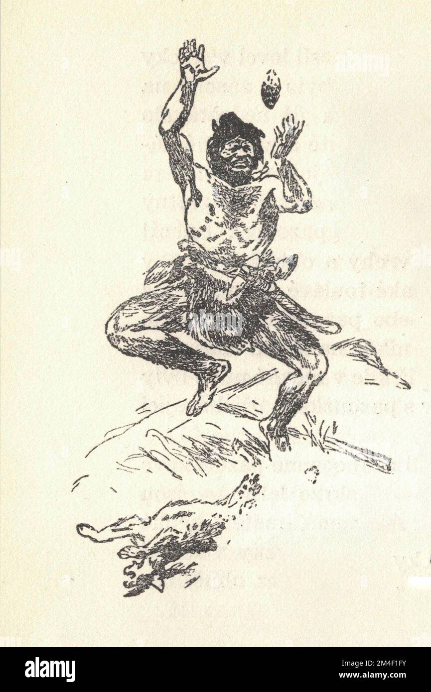 Un chasseur préhistorique et sa prise. Représentation d'un animal préhistorique. Ancienne illustration en noir et blanc. Dessin vintage. Illustration par Zdenek Burian. Zdenek Michael Frantisek Burian (11 février 1905 à Koprivnice, Moravie, Autriche-Hongrie 1 juillet 1981 à Prague, Tchécoslovaquie) est un peintre, illustrateur de livres et paléoartiste tchèque dont les travaux ont joué un rôle central dans le développement de la reconstruction paléontologique. À l'origine reconnue uniquement en Tchécoslovaquie natale, la renommée de Burian s'est par la suite étendue à un public international au cours d'une carrière remarquable s'étendant sur six décennies (1930s à 1980 Banque D'Images