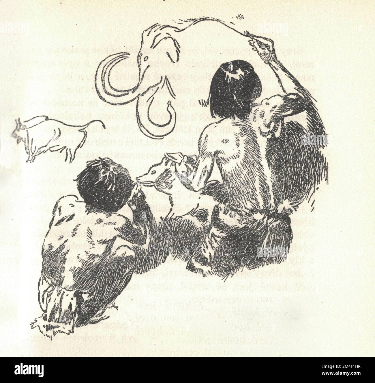 Les gens préhistoriques attirent un mammouth et d'autres animaux sur le mur de la grotte. Représentation d'animaux préhistoriques. Ancienne illustration en noir et blanc. Dessin vintage. Illustration par Zdenek Burian. Zdenek Michael Frantisek Burian (11 février 1905 à Koprivnice, Moravie, Autriche-Hongrie 1 juillet 1981 à Prague, Tchécoslovaquie) est un peintre, illustrateur de livres et paléoartiste tchèque dont les travaux ont joué un rôle central dans le développement de la reconstruction paléontologique. Initialement reconnue uniquement en Tchécoslovaquie natale, la renommée de Burian s'est ensuite répandue à un public international au cours d'une carrière remarquable Banque D'Images