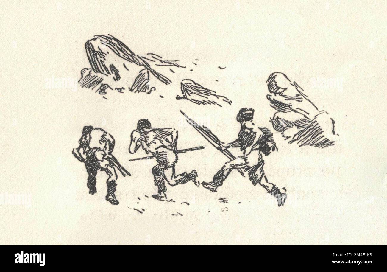 Des hommes préhistoriques à la chasse. Ancienne illustration en noir et blanc. Dessin vintage. Illustration par Zdenek Burian. Zdenek Michael Frantisek Burian (11 février 1905 à Koprivnice, Moravie, Autriche-Hongrie 1 juillet 1981 à Prague, Tchécoslovaquie) est un peintre, illustrateur de livres et paléoartiste tchèque dont les travaux ont joué un rôle central dans le développement de la reconstruction paléontologique. À l'origine reconnue uniquement en Tchécoslovaquie natale, la renommée de Burian s'est par la suite étendue à un public international au cours d'une carrière remarquable s'étendant sur six décennies (1930s à 1980s). Il est considéré par beaucoup comme l'un des M. Banque D'Images