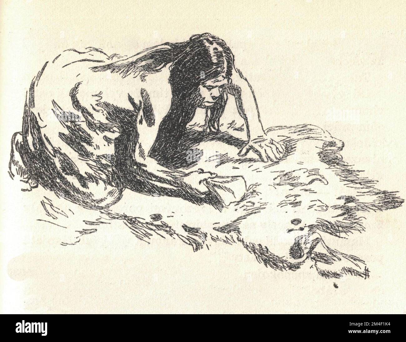 Une femme préhistorique nettoie la peau d'un animal. Ancienne illustration en noir et blanc. Dessin vintage. Illustration par Zdenek Burian. Zdenek Michael Frantisek Burian (11 février 1905 à Koprivnice, Moravie, Autriche-Hongrie 1 juillet 1981 à Prague, Tchécoslovaquie) est un peintre, illustrateur de livres et paléoartiste tchèque dont les travaux ont joué un rôle central dans le développement de la reconstruction paléontologique. À l'origine reconnue uniquement en Tchécoslovaquie natale, la renommée de Burian s'est par la suite étendue à un public international au cours d'une carrière remarquable s'étendant sur six décennies (1930s à 1980s). Il est considéré par Banque D'Images