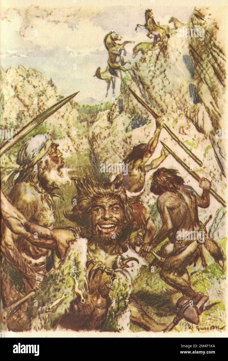 Les chasseurs préhistoriques attaquent les chevaux. Représentation d'animaux préhistoriques. Illustration colorée. Dessin vintage. Illustration par Zdenek Burian. Zdenek Michael Frantisek Burian (11 février 1905 à Koprivnice, Moravie, Autriche-Hongrie 1 juillet 1981 à Prague, Tchécoslovaquie) est un peintre, illustrateur de livres et paléoartiste tchèque dont les travaux ont joué un rôle central dans le développement de la reconstruction paléontologique. À l'origine reconnue uniquement en Tchécoslovaquie natale, la renommée de Burian s'est par la suite étendue à un public international au cours d'une carrière remarquable s'étendant sur six décennies (1930s à 1980s). Il Banque D'Images