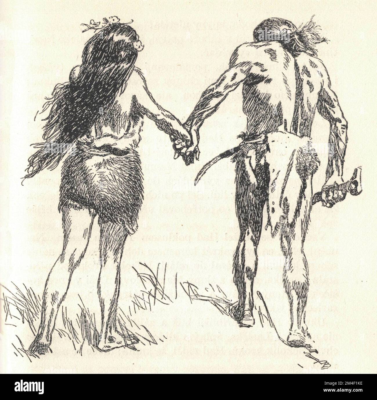 Préhistoriques. Une femme et un homme. Ancienne illustration en noir et blanc. Dessin vintage. Illustration par Zdenek Burian. Zdenek Michael Frantisek Burian (11 février 1905 à Koprivnice, Moravie, Autriche-Hongrie 1 juillet 1981 à Prague, Tchécoslovaquie) est un peintre, illustrateur de livres et paléoartiste tchèque dont les travaux ont joué un rôle central dans le développement de la reconstruction paléontologique. À l'origine reconnue uniquement en Tchécoslovaquie natale, la renommée de Burian s'est par la suite étendue à un public international au cours d'une carrière remarquable s'étendant sur six décennies (1930s à 1980s). Il est considéré par beaucoup comme sur Banque D'Images