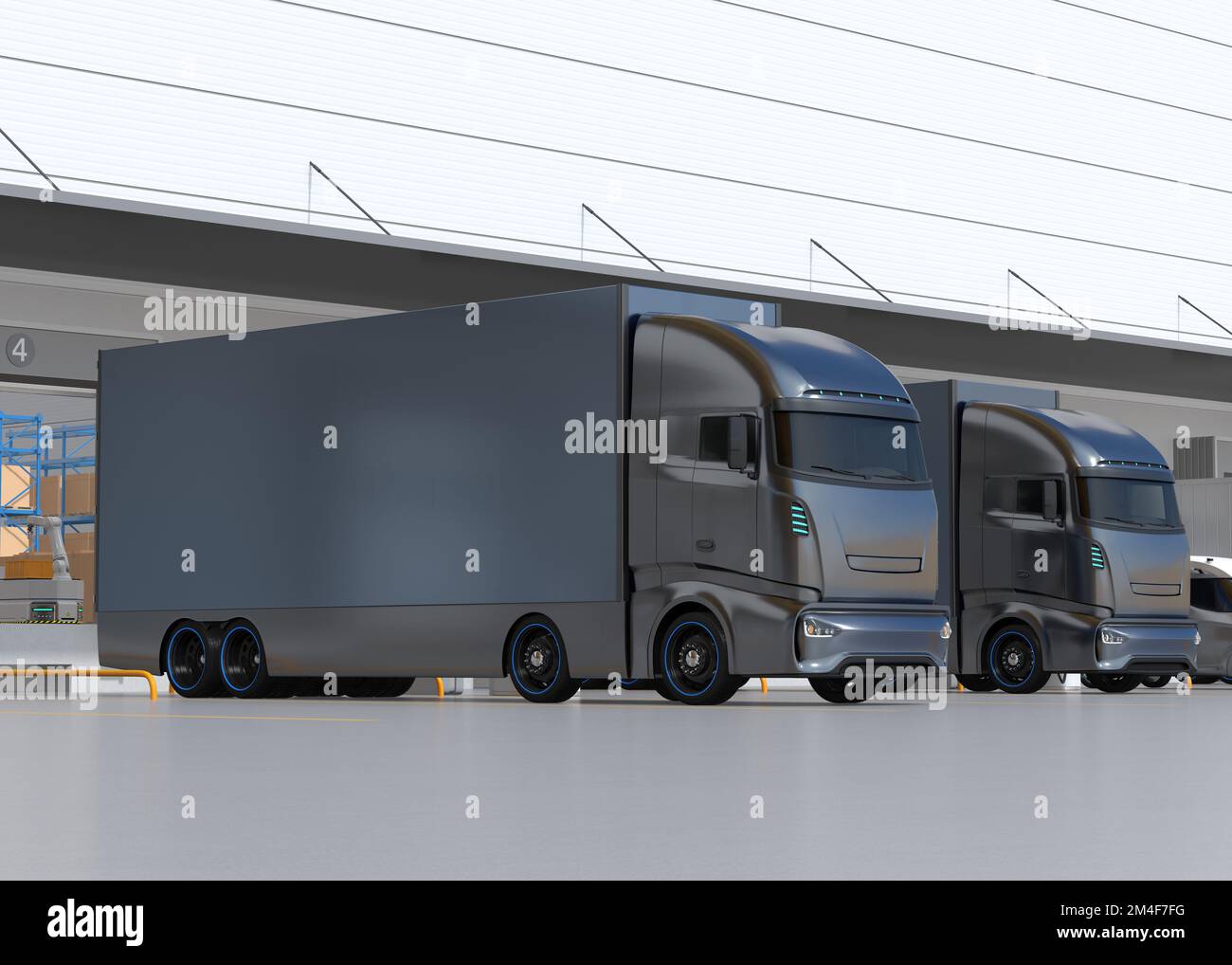 Parking de camions électriques de conception générique argent au centre logistique. 3D rendu de l'image. Banque D'Images