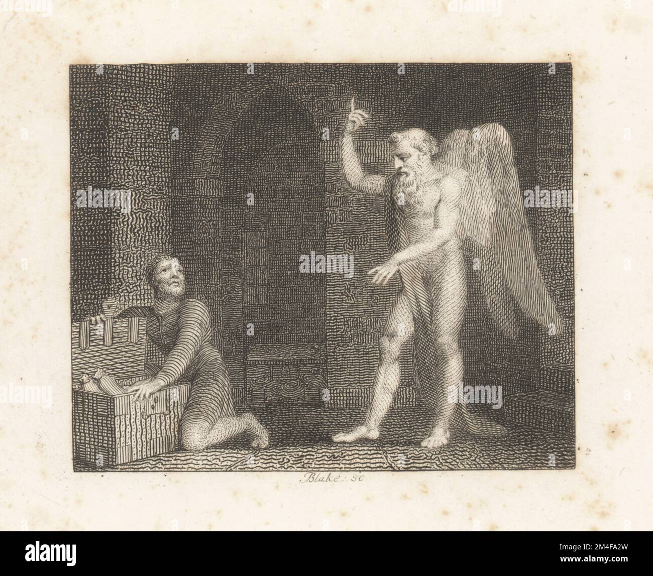 Le Miser et le Plutus. Une figure barbu ailée de Plutus, le dieu grec de la richesse, se tient devant un méfait protégeant son cervelle de Trésor dans une poitrine. Gravure sur plaque de coperplate de William Blake d'après une illustration de William Kent de Fables par John gay, avec a Life of the Author, John Stockdale, Londres, 1793. Banque D'Images