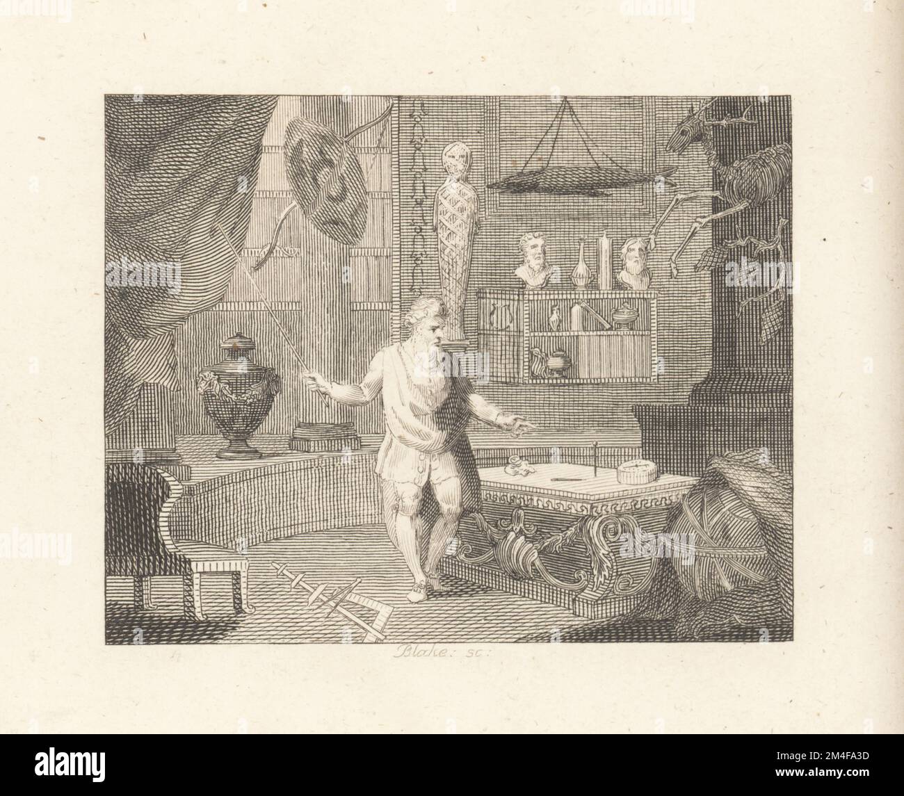 La goupille et l'aiguille. La rivalité entre une pointe arrogante et une aiguille modeste. Un vieil homme barbu tenant un bâton dans une pièce avec des compas et une règle sur le sol, une momie égyptienne, un arc et une flèche, un vase, un globe, buste, poisson mort et squelette d'un cerf sur les murs; une épingle et une aiguille verticales sur une table. Gravure sur plaque de coperplate de William Blake d'après une illustration de William Kent de Fables par John gay, avec a Life of the Author, John Stockdale, Londres, 1793. Banque D'Images