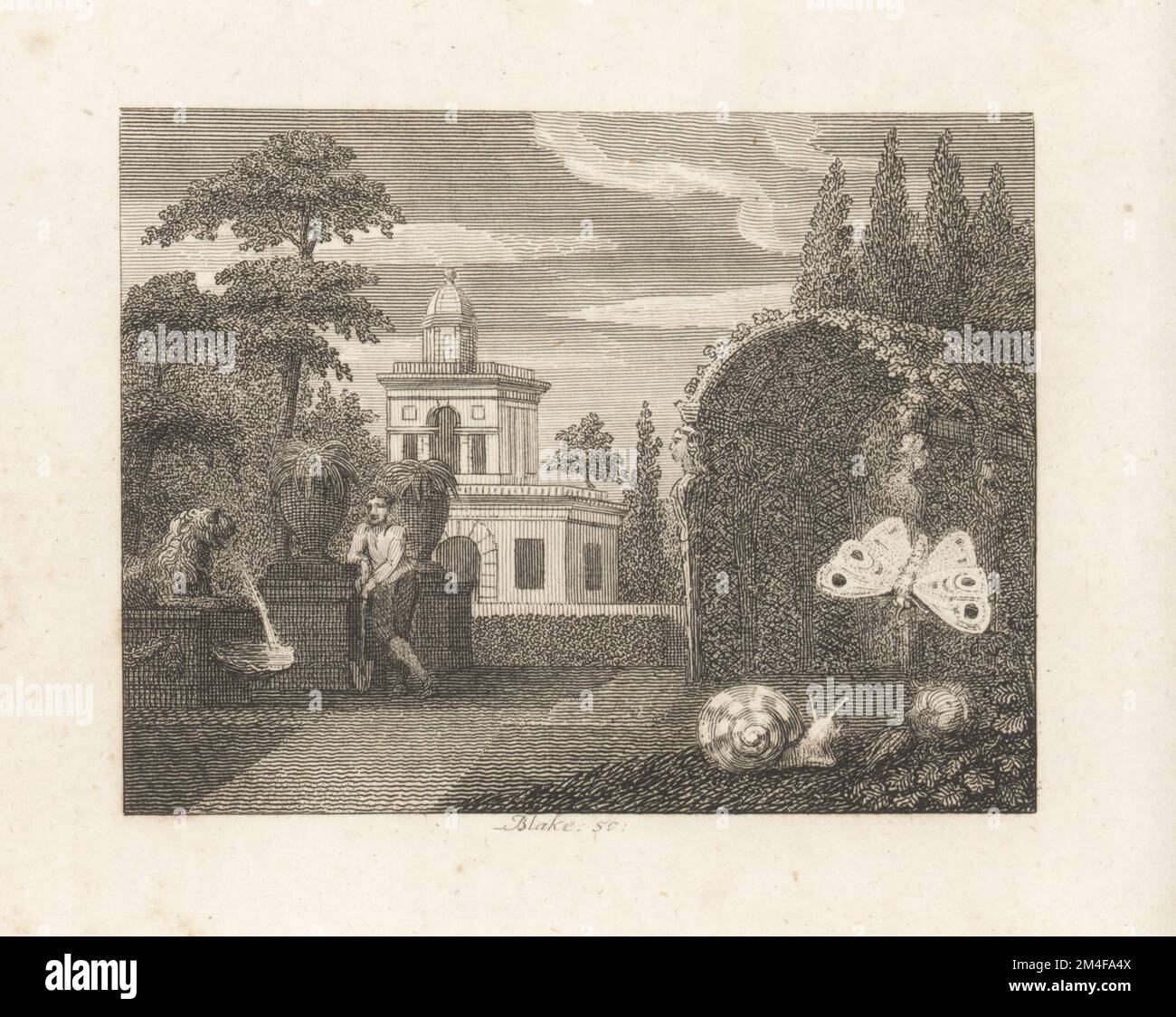 Le papillon et l'escargot. Un papillon survole un escargot dans les jardins formels d'une grande maison, un jardinier se penche sur une pelle à côté d'une fontaine à sculptures de lion avec de grands pots de fleurs. Une arche de feuillage aux figures classiques. Gravure sur plaque de coperplate de William Blake d'après une illustration de William Kent de Fables par John gay, avec a Life of the Author, John Stockdale, Londres, 1793. Banque D'Images