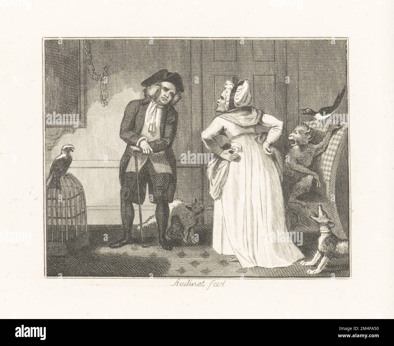 Le froid et le perroquet. Un mari et une femme se disputent dans une chambre avec différents animaux de compagnie, dont un chien d'aboiement, un singe hurlant, un magpie de squawking, un chat et un perroquet parlant perché sur une cage. Gravure sur plaque de coperplate par Philip Audinet d'après une illustration par John Wootton de Fables par John gay, avec a Life of the Author, John Stockdale, Londres, 1793. Banque D'Images