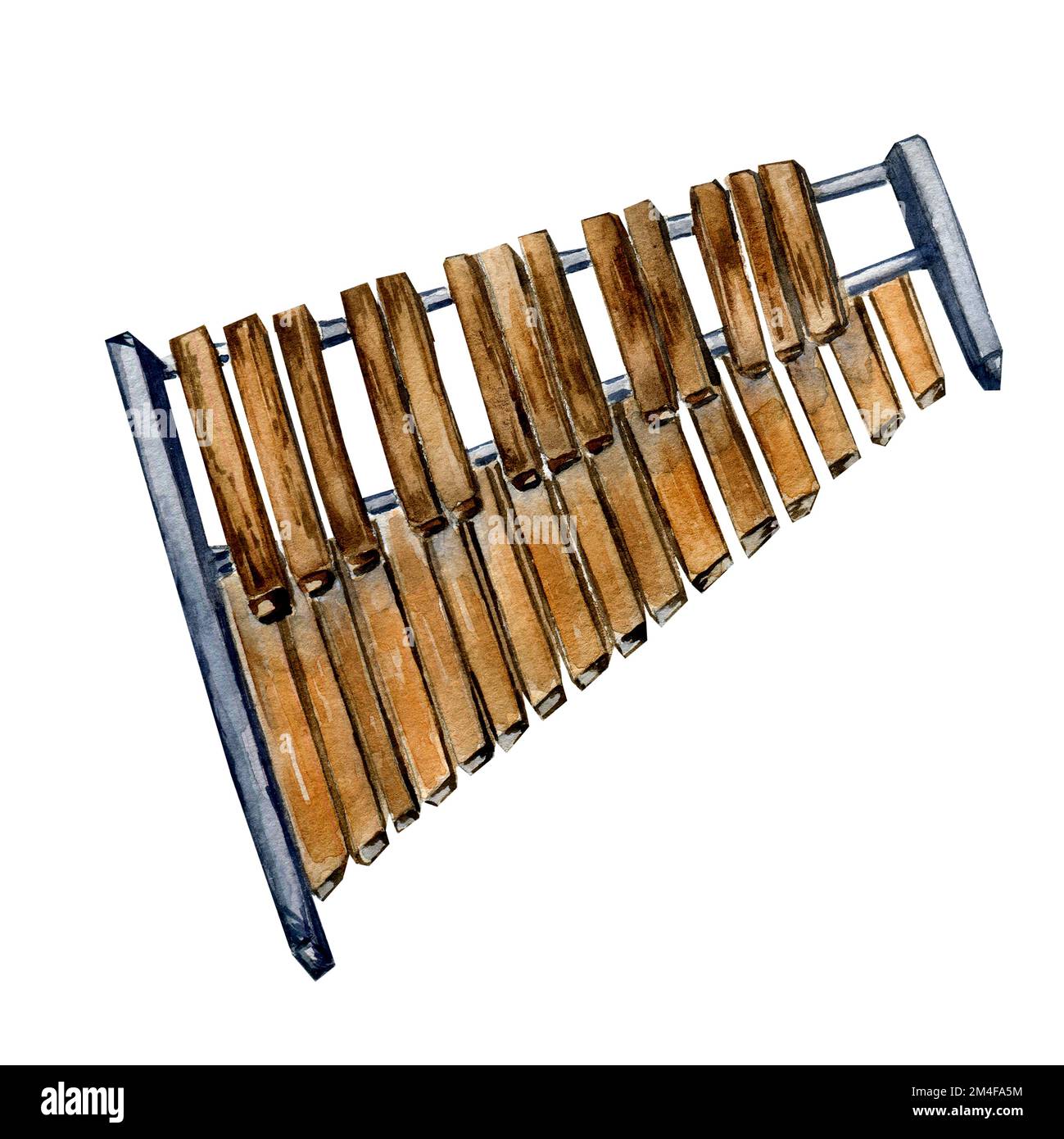 Instrument de musique à percussion xylophone aquarelle illustration isolée. Son d'instrument en bois peint à la main. Élément de design pour l'emballage, carte postale Banque D'Images