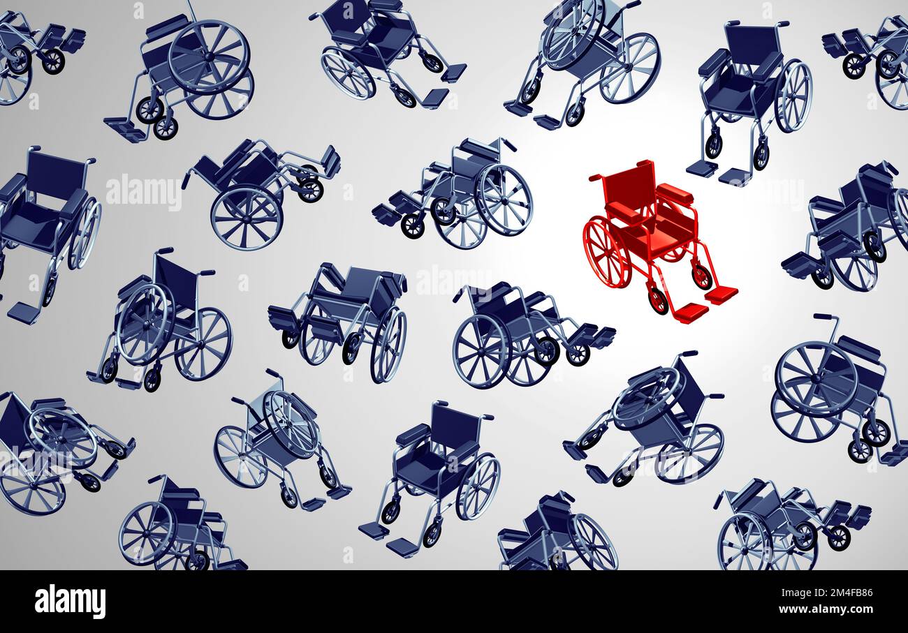 Concept de fauteuil roulant et de soins aux personnes handicapées ou aux personnes âgées avec un groupe de symboles de fauteuil roulant représentant un handicap et un handicap pour le vieillissement des personnes handicapées seni Banque D'Images