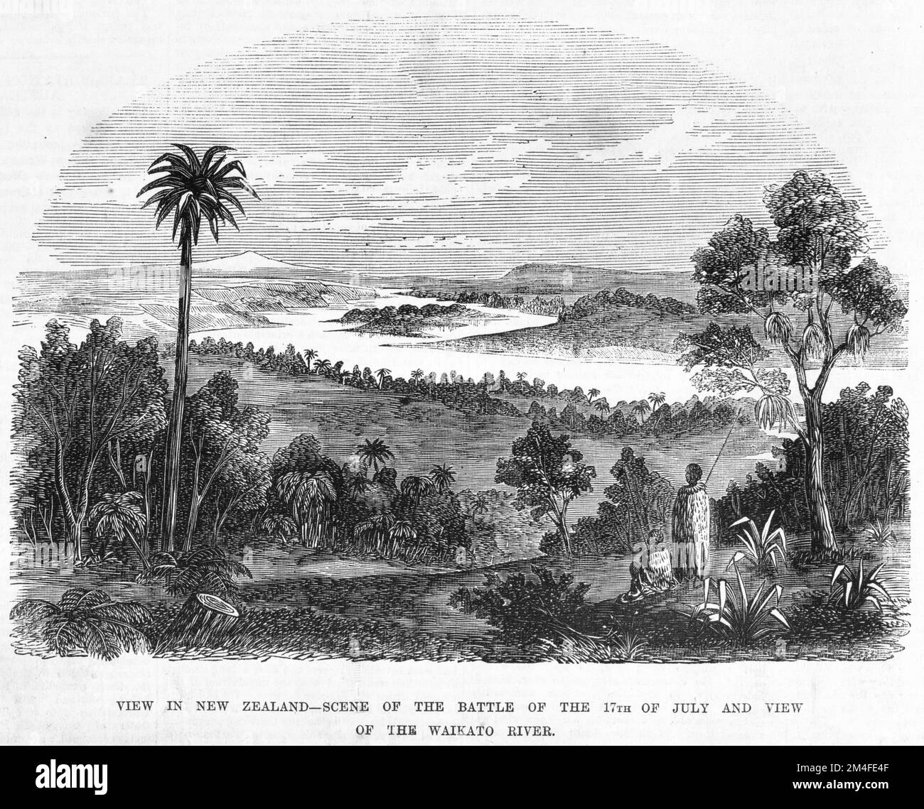 Vue en Nouvelle-Zélande - scène de la bataille du 17th juillet et vue sur le fleuve Waikato. 1863. Banque D'Images