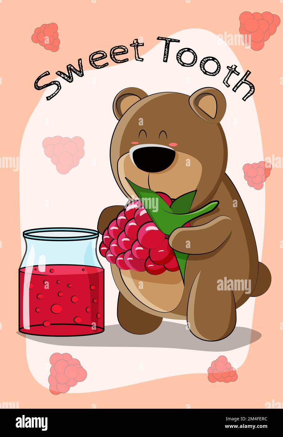 Carte mignonne avec un ours avec une dent douce et un pot de confiture de framboises Illustration de Vecteur