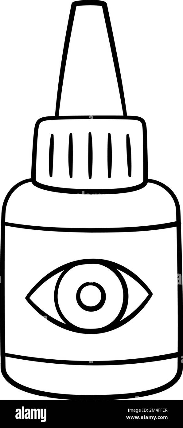 Gouttes médicales pour les yeux Doodle. Flacon en plastique dessiné à la main avec gouttes d'entretien pour les yeux secs. Illustration vectorielle isolée sur fond blanc dans un style dessiné à la main Illustration de Vecteur
