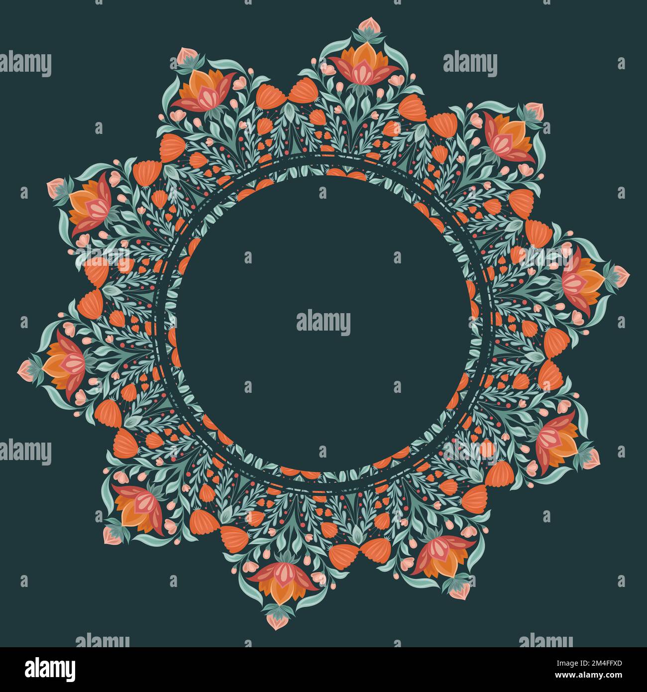 Cadre circulaire avec composition en losange floral art populaire sur fond sombre. Bordure botanique vectorielle avec fleurs décoratives, tiges et espace de copie. Rond Illustration de Vecteur
