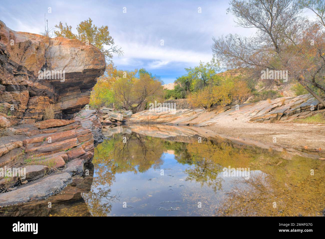 Sabino creek au parc national de Sabino Canyon à Tucson, Arizona. Ruisseau tranquille avec rive rocheuse avec arbres et ciel nuageux à l'arrière-plan. Banque D'Images