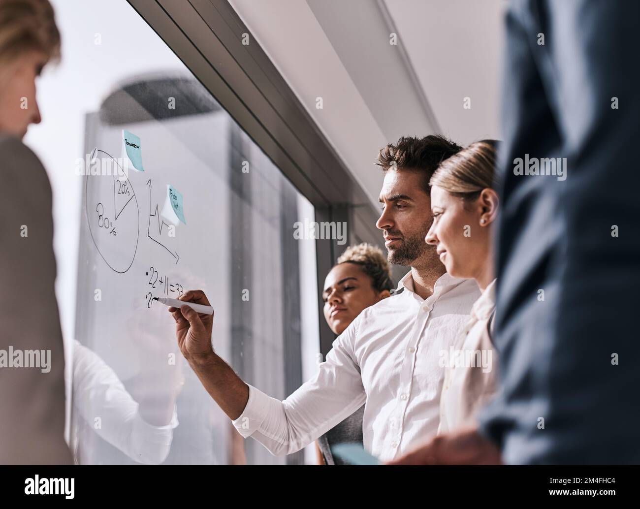 Les grands projets nécessitent une réflexion attentive. un groupe de gens d'affaires brassent sur un mur de verre dans un bureau. Banque D'Images