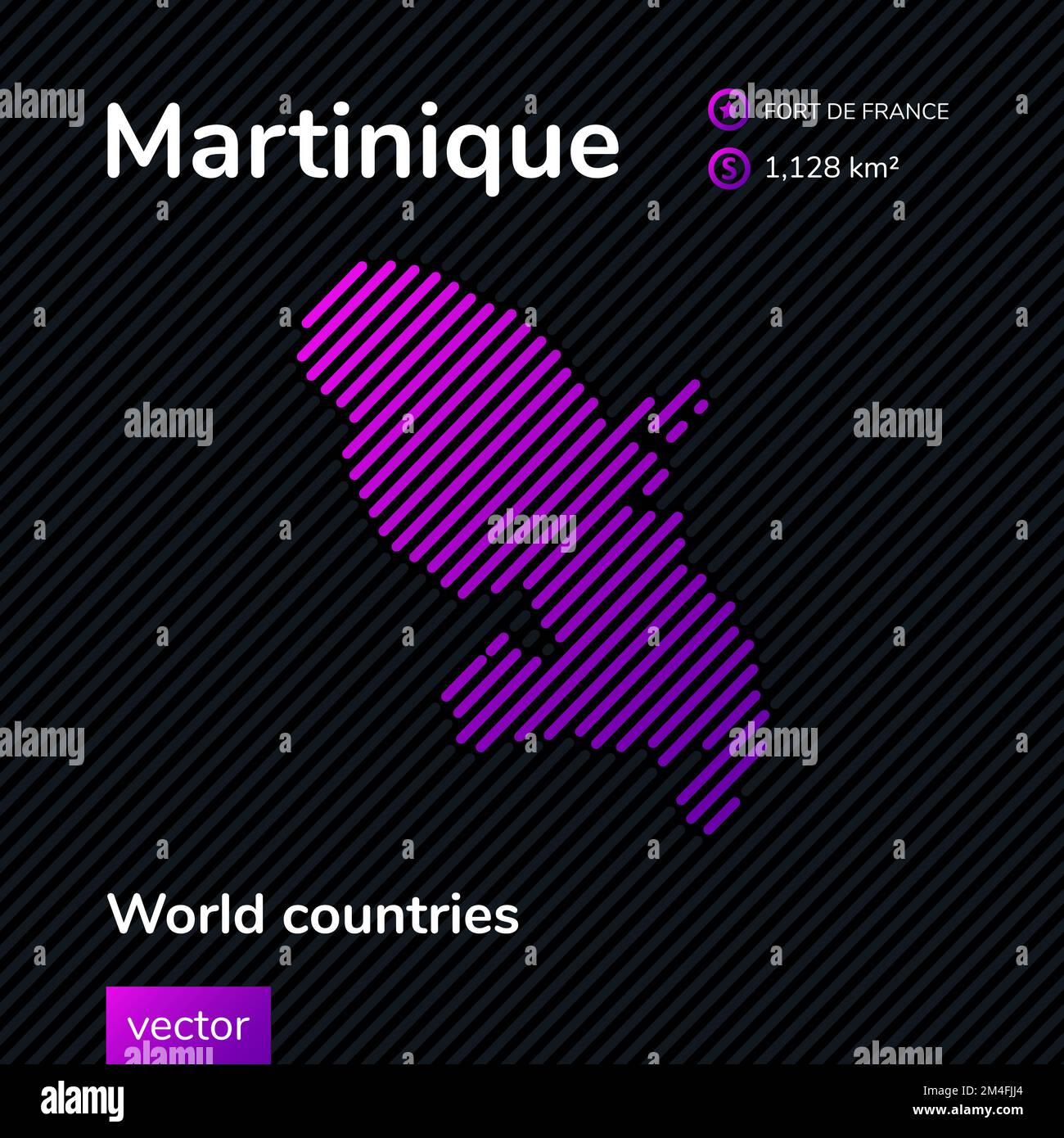 Carte vectorielle plate de la Martinique avec texture à rayures violettes, violettes, roses sur fond noir. Bannière éducative, affiche sur la Martinique Illustration de Vecteur