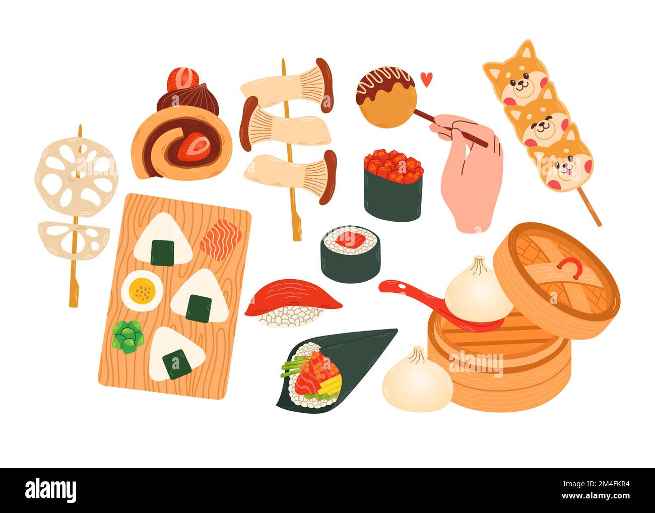 Ensemble de plats japonais. Vecteur pour autocollants, cartes postales, bloc-notes. café japonais, bar, restaurant Illustration de Vecteur