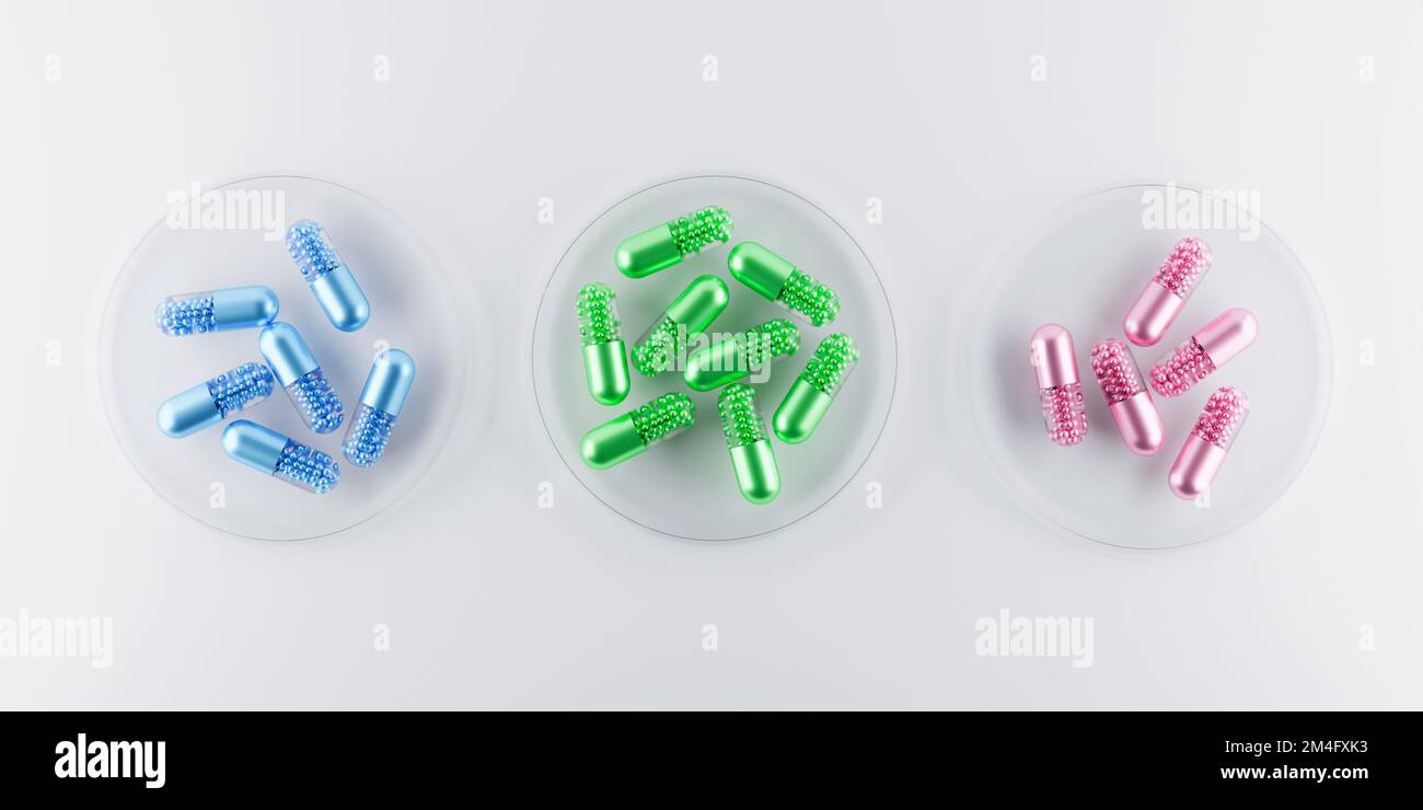 Capsules médicinales pilules pastel brillant de couleur laboratoire. Vue de dessus. 3d rendu Banque D'Images