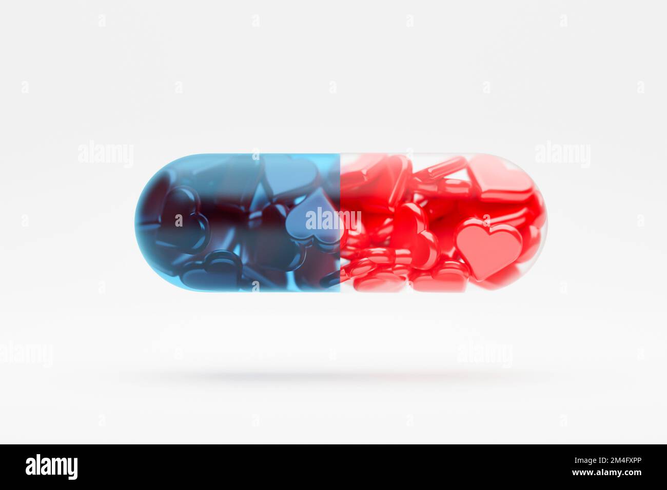 J'aime la pilule médicinale de capsule de dopamine avec les coeurs à l'intérieur de gros plan. 3d rendu Banque D'Images