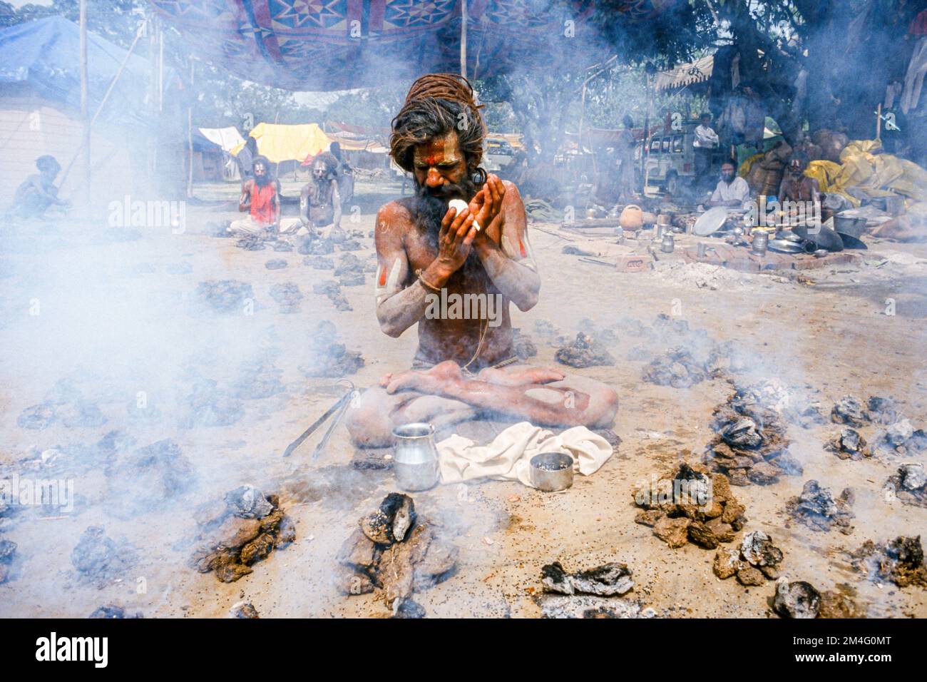 Dhuni-Tapa, sacrifice symbolique du sadhus à l'Agni, le Dieu du feu Banque D'Images