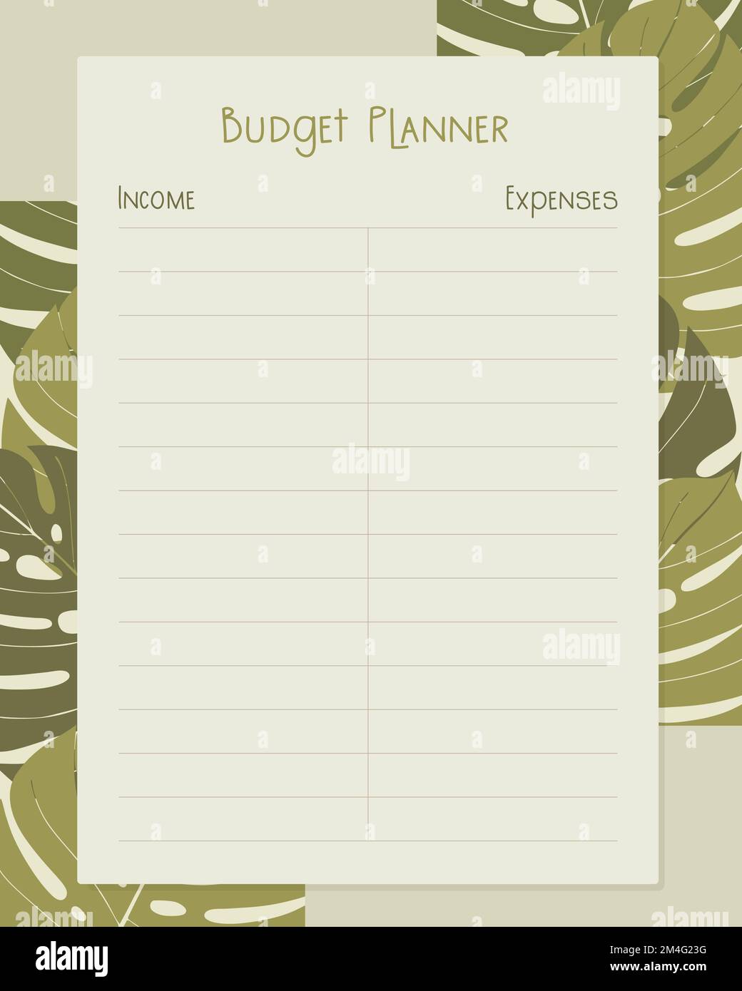 Modèle de planificateur budgétaire conception de page avec feuilles monstera, revenus et dépenses. Illustration vectorielle Illustration de Vecteur