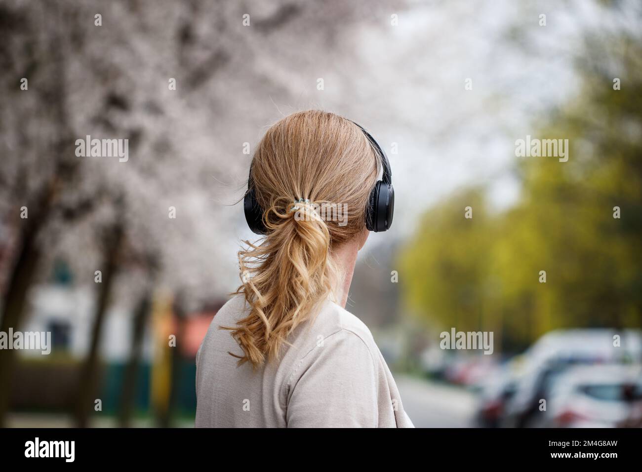 Femme avec casque sans fil marchant dans la rue de la ville sous les cerisiers en fleurs. Style de vie et ville concept de vie Banque D'Images
