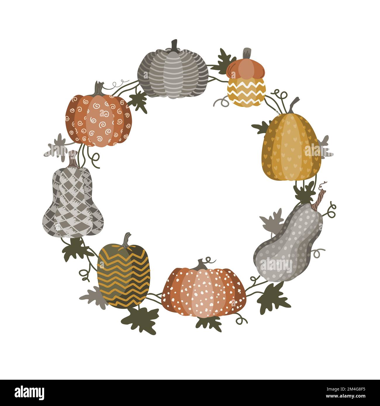 Cadre rond, couronne avec citrouilles et feuilles peintes en forme de doodle. Arrière-plan pour les cartes postales, les bannières et le jour de Thanksgiving. Illustration de Vecteur