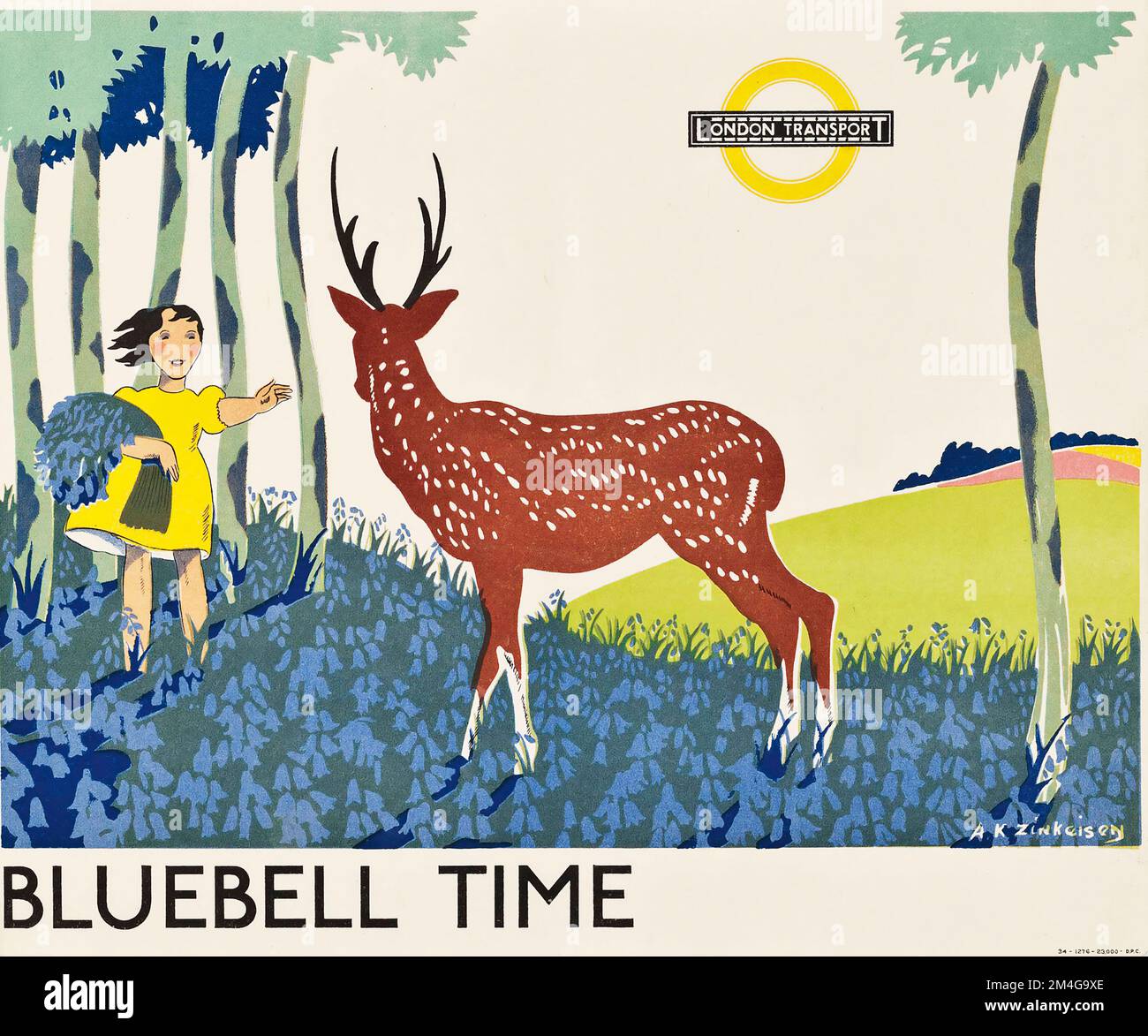 London transport poster - Anna Katrina Zinkeisen - BLUEBELL TIME 1934 - FEAT une fille et un cerf Banque D'Images