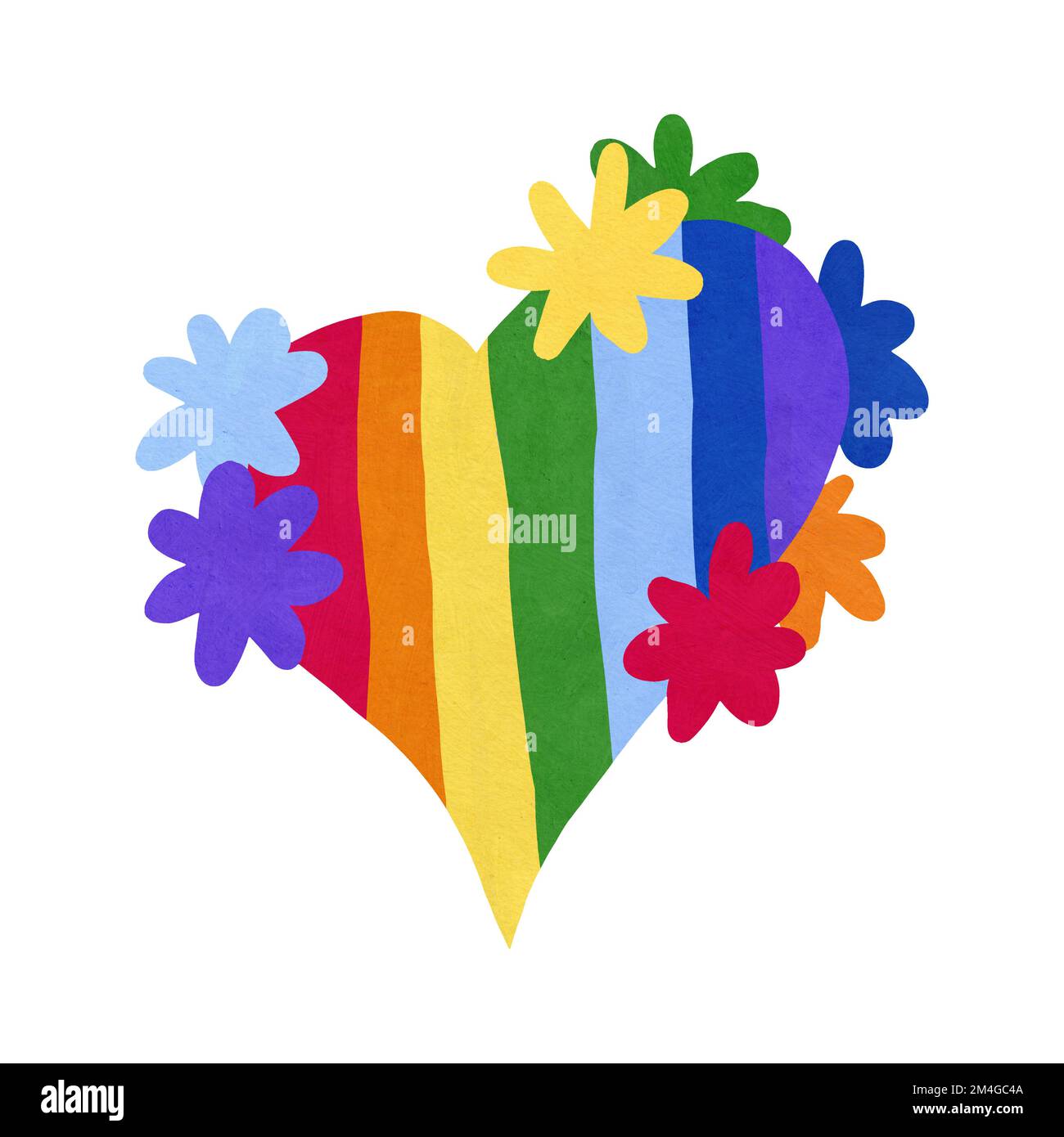 Illustration dessinée à la main du drapeau de fierté LGBTQ en forme de coeur avec des fleurs à rayures arc-en-ciel. Affiche de symbole décoratif de diversité, fête de la tolérance homosexuelle transgenre bisexuelle, design romantique de l'amour Banque D'Images