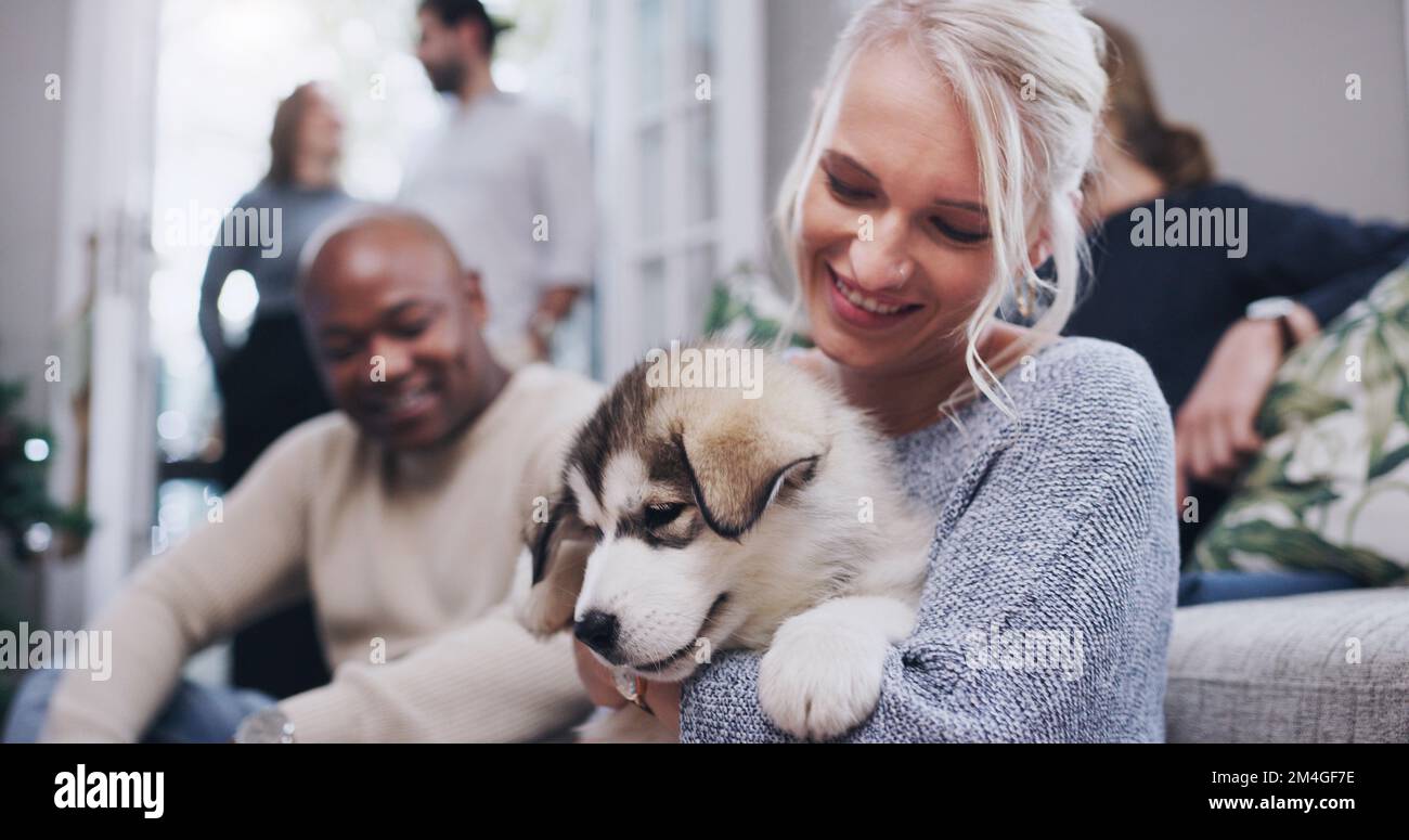 Amis, famille et femme avec chiot dans le salon à la fête de Noël dans la maison de famille. Amitié, diversité et amour de chien, femme heureuse avec le sourire et Banque D'Images