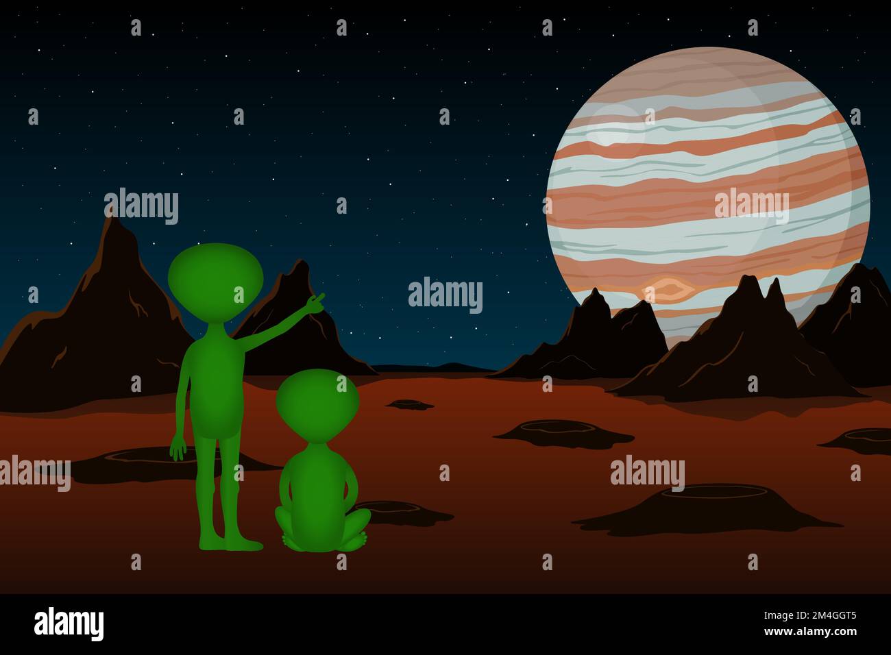 Deux étrangers verts regardant Jupiter de Mars. Illustration vectorielle. Illustration de Vecteur
