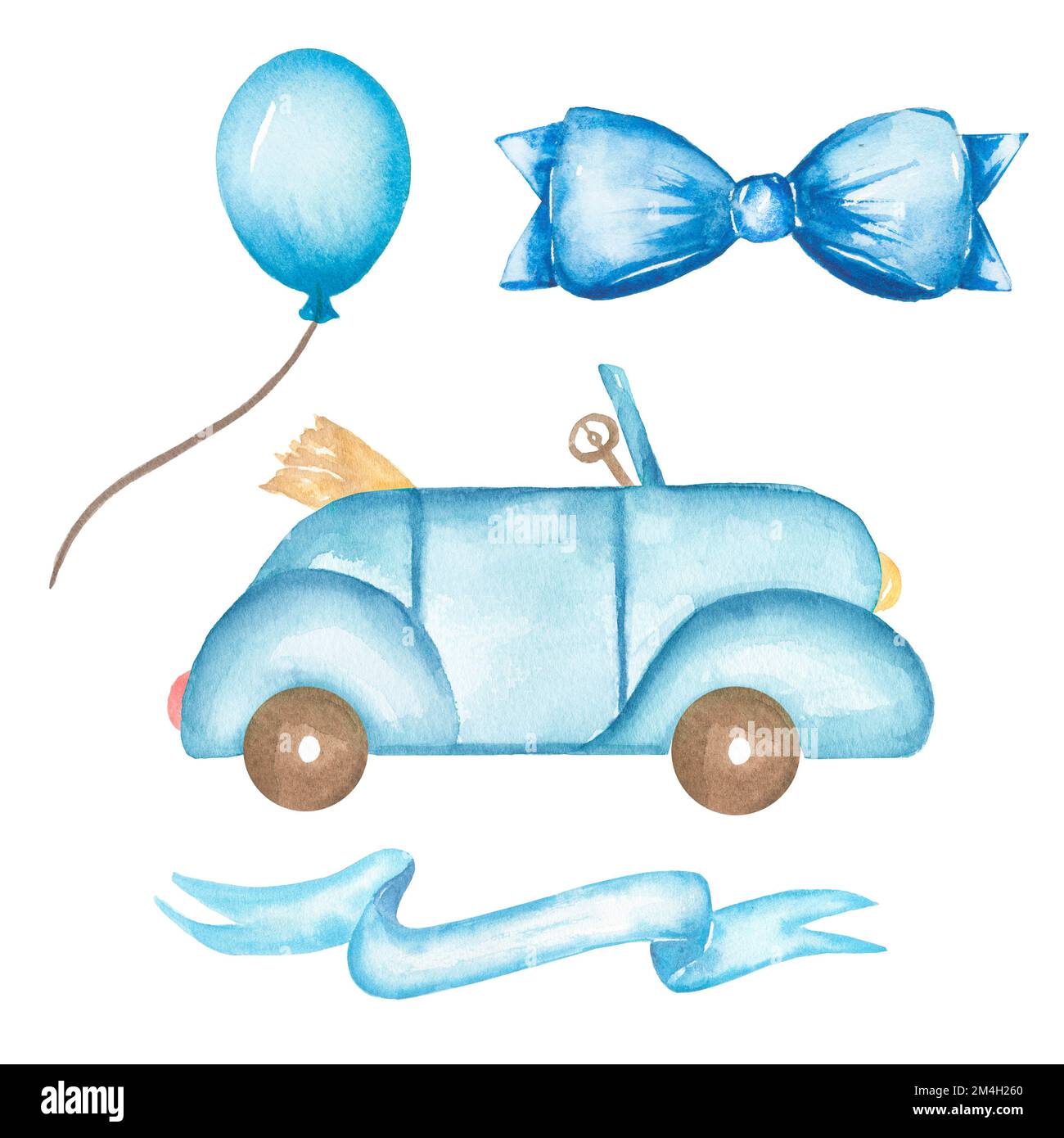 Aquarelle voiture peinte à la main bleu illustre, ballon, bannière, cravate.  Bébé garçon. Mignon enfants transport pour bébé douche invitation, cartes  de voeux Photo Stock - Alamy