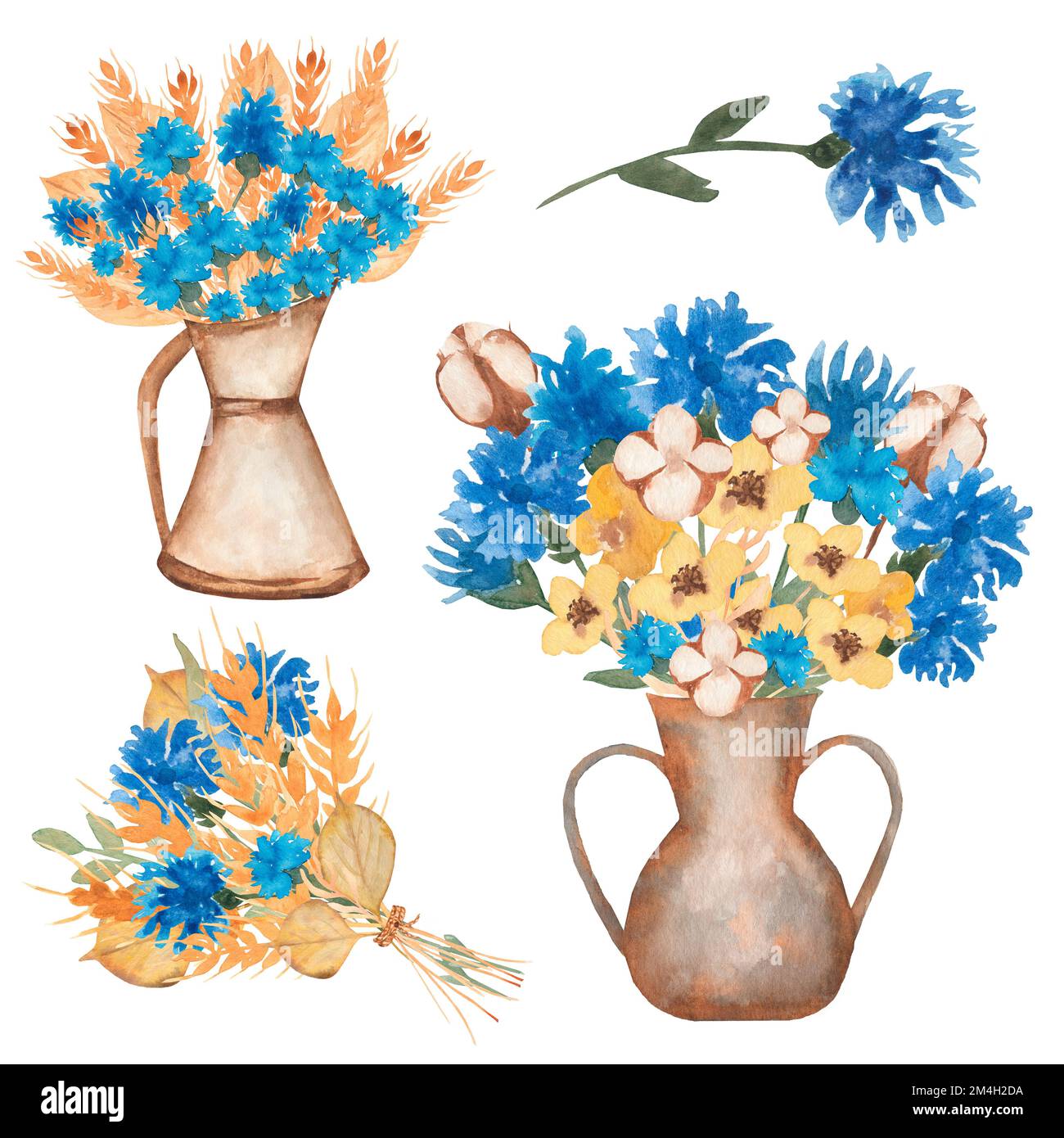 Illustration du bouquet d'épis de blé jaune et de fleurs bleues dessinés à la main. Belles fleurs de prairie dans un vase, style rétro. Banque D'Images