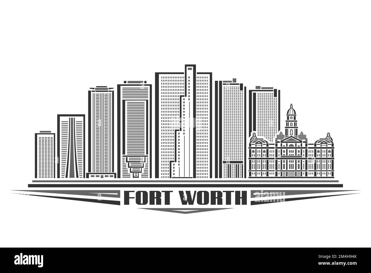 Illustration vectorielle de fort Worth, signe horizontal monochrome avec conception linéaire célèbre paysage urbain américain, concept d'art urbain sombre avec l unique Illustration de Vecteur
