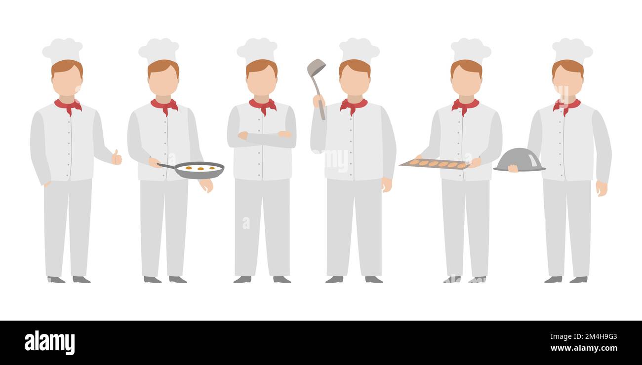 Chef en toque blanc debout dans diverses poses. Vecteur. Illustration de Vecteur