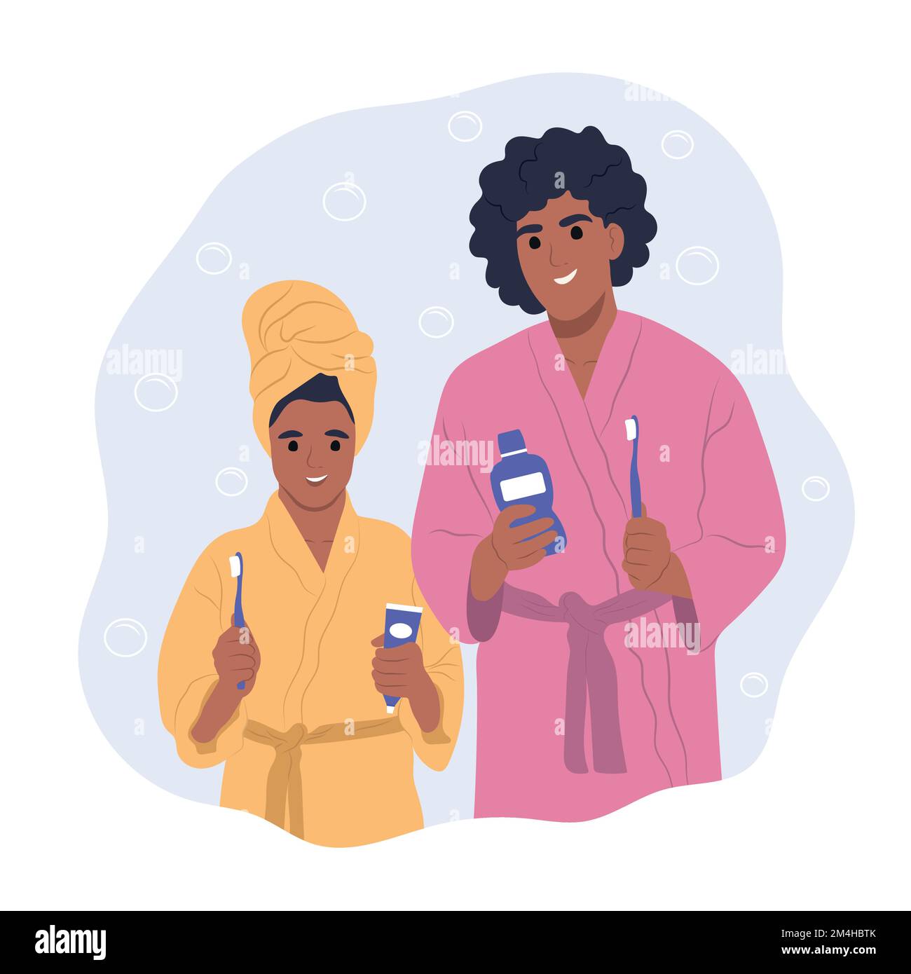 Mois national de la santé dentaire des enfants. L'enfant afro-américain et sa mère tiennent des brosses à dents, du dentifrice et du bain de bouche. Vecteur plat Illustration de Vecteur