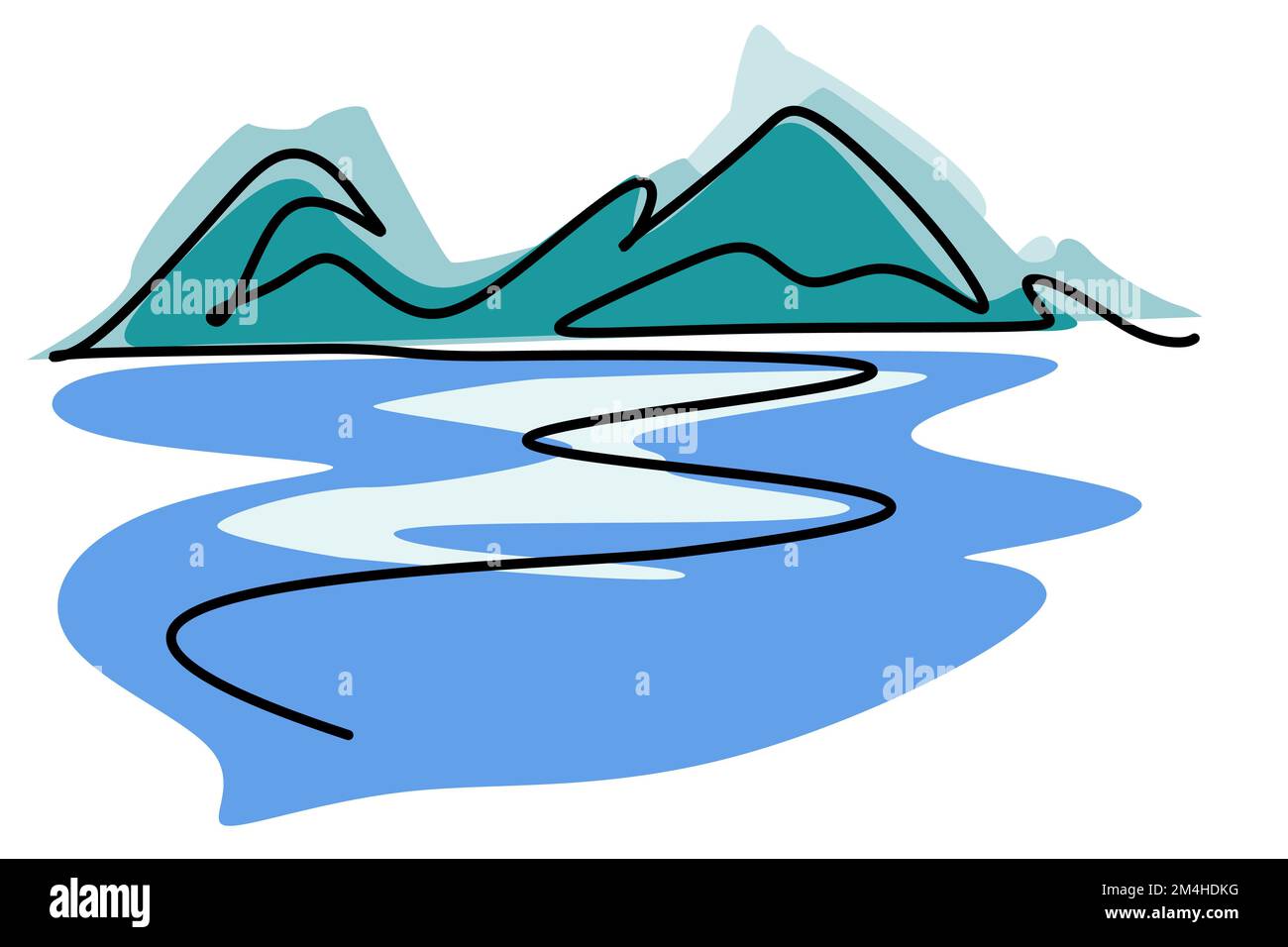 Chaîne de montagnes et paysage et océan, fond de paysage plat. Vue panoramique sur les montagnes bleues et la mer. Illustration simple d'une seule ligne de la nature. Illustration de Vecteur