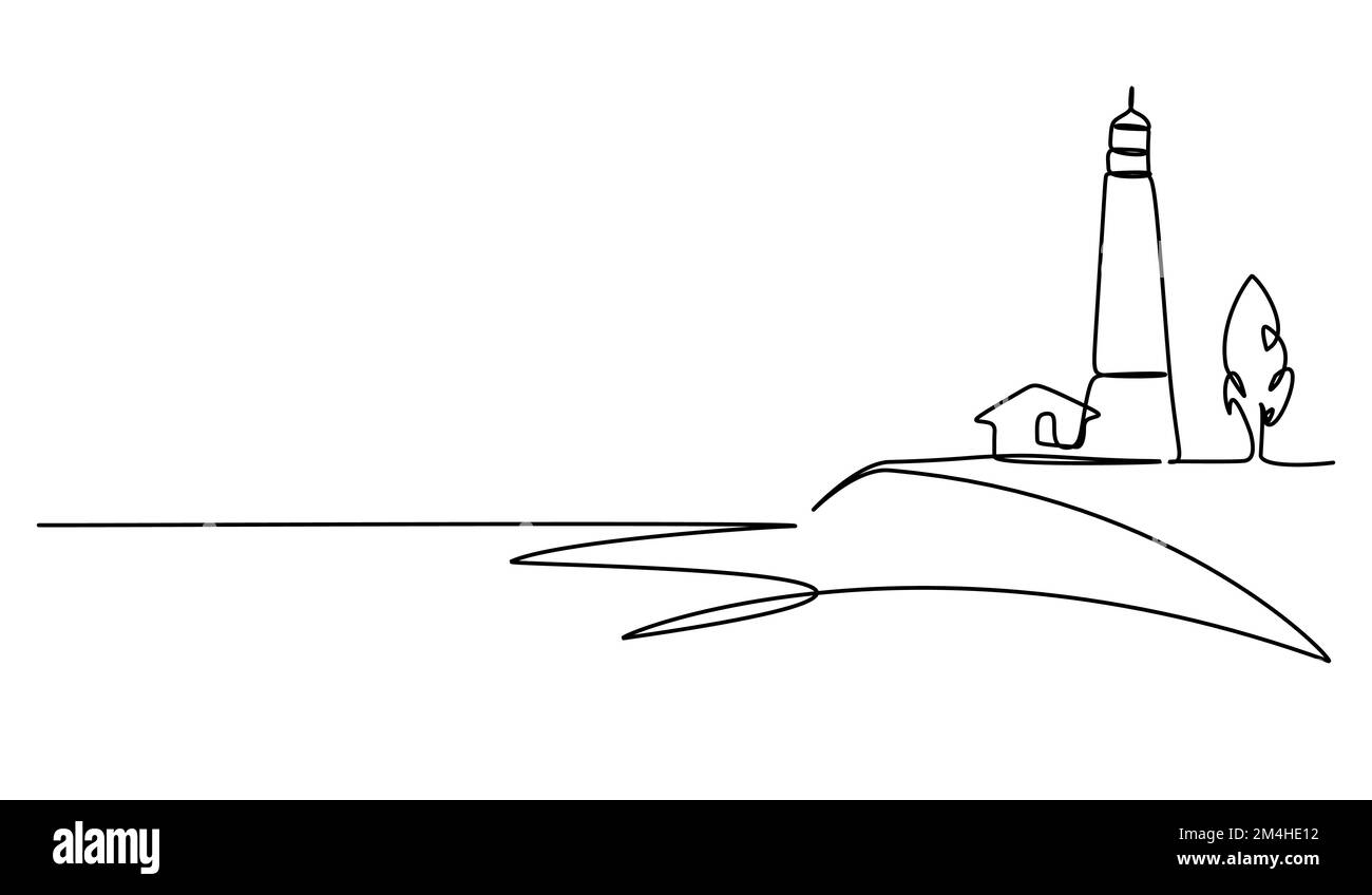 Phare à dessin simple course, balise et îlot. Modèle de logotype simple linéaire moderne pour bannière d'affiche. Phares et vagues de l'océan. Continu Illustration de Vecteur