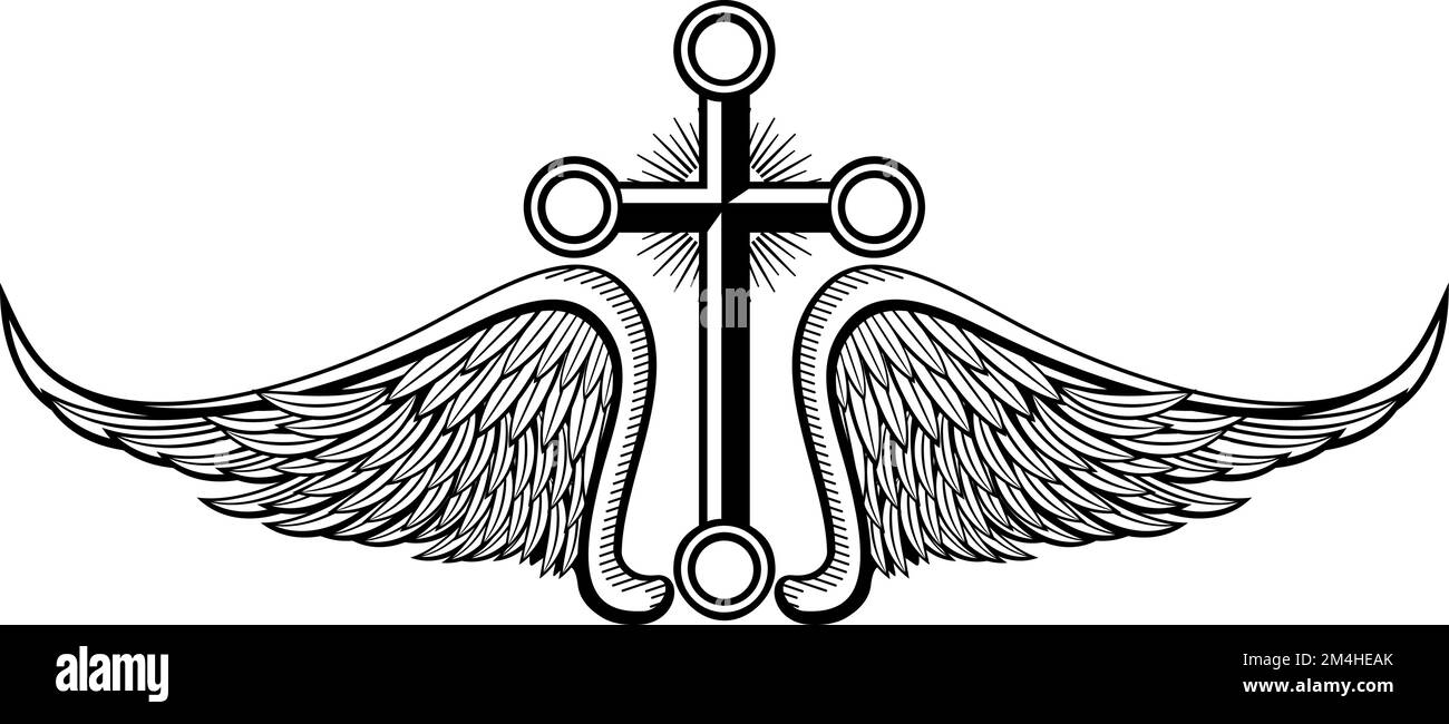 Badge de croix gothique. Emblème à ailes, gravure noire Illustration de Vecteur