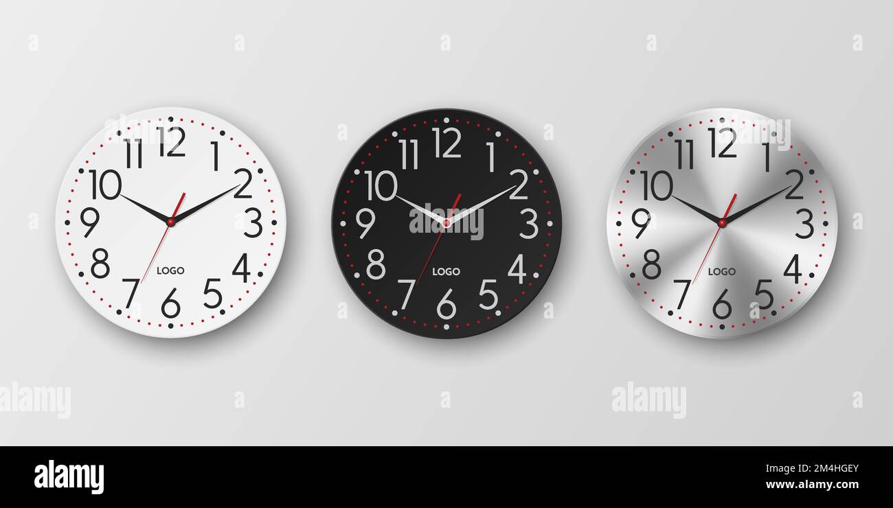 Vector 3D Realistic White, Black, Silver Round Wall Office Clock Icon Set, Design Template Isolated. Cadran, maquette d'horloge murale pour marquage et Illustration de Vecteur
