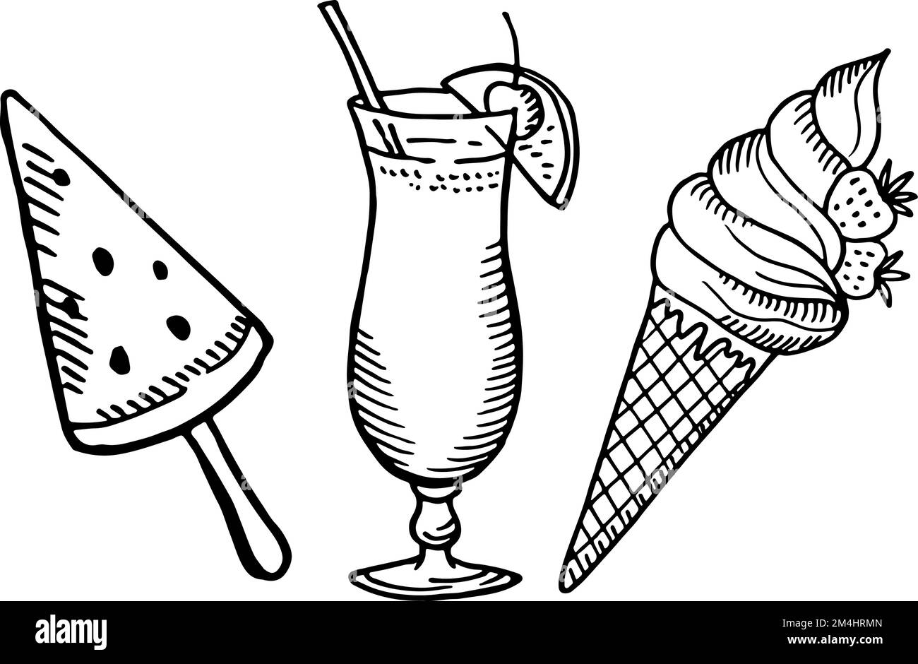 Esquisse des déserts d'été. Boisson douce et crème glacée Illustration de Vecteur